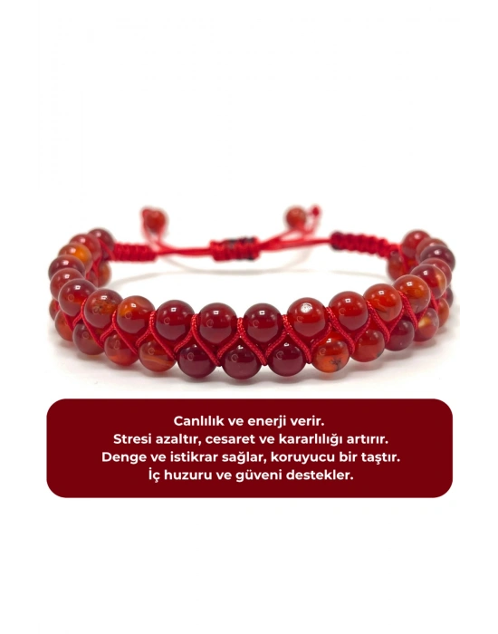 SERTİFİKALI Kırmızı Akik Çift Sıra Doğal Taş Makrome Bileklik Ayarlanabilir Ölçü