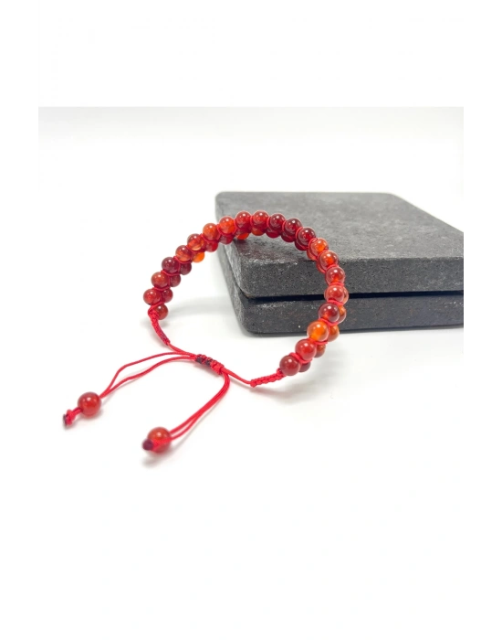 SERTİFİKALI Kırmızı Akik Çift Sıra Doğal Taş Makrome Bileklik Ayarlanabilir Ölçü