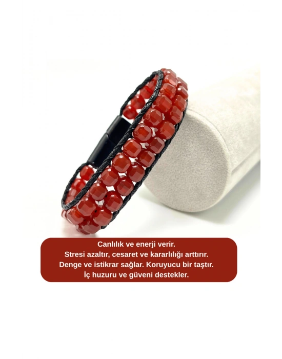 SERTİFİKALI Kırmızı Akik Çift Sıra Küp Kesim Kilitli Doğal Taş Bileklik 6mm Taş