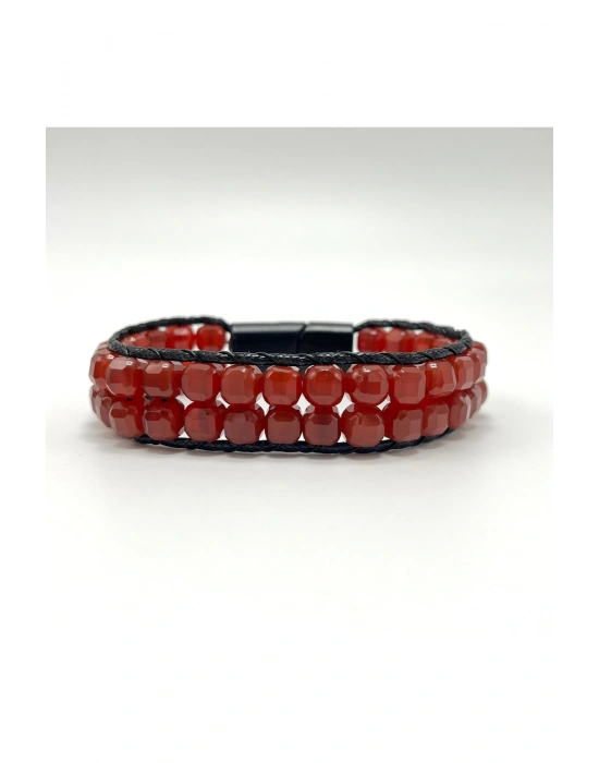 SERTİFİKALI Kırmızı Akik Çift Sıra Küp Kesim Kilitli Doğal Taş Bileklik 6mm Taş