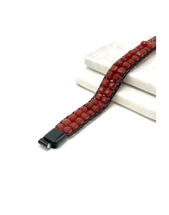 SERTİFİKALI Kırmızı Akik Çift Sıra Küp Kesim Kilitli Doğal Taş Bileklik 6mm Taş