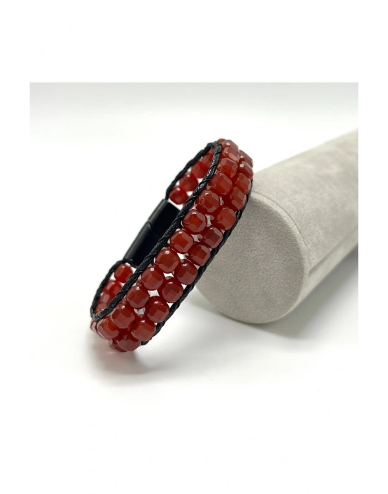 SERTİFİKALI Kırmızı Akik Çift Sıra Küp Kesim Kilitli Doğal Taş Bileklik 6mm Taş