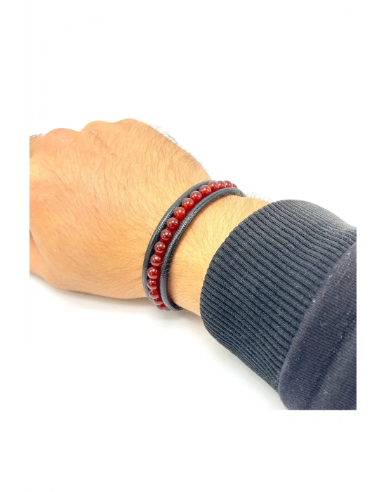 Sertifikalı Kırmızı Akik Doğal Taş Erkek Bileklik Mıknatıslı Kilit