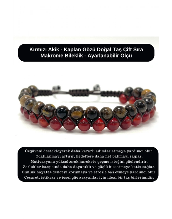 SERTİFİKALI Kırmızı Akik - Kaplan Gözü Doğal Taş Çift Sıra Makrome Bileklik
