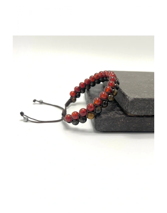 SERTİFİKALI Kırmızı Akik - Kaplan Gözü Doğal Taş Çift Sıra Makrome Bileklik