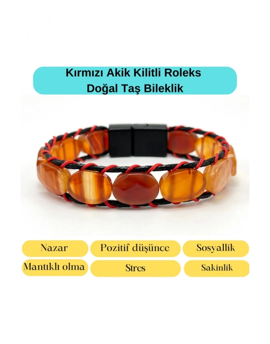 Sertifikalı Kırmızı Akik Kilit Kapama Roleks Doğal Taş Deri Bileklik