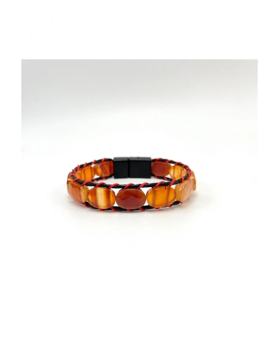 Sertifikalı Kırmızı Akik Kilit Kapama Roleks Doğal Taş Deri Bileklik