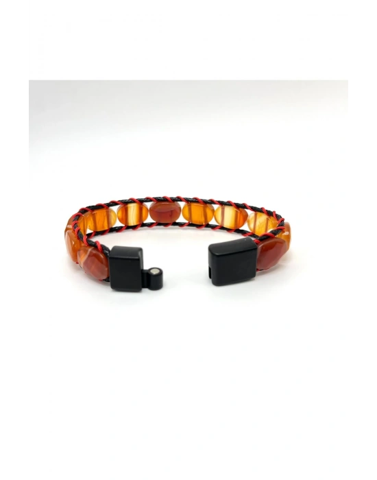 Sertifikalı Kırmızı Akik Kilit Kapama Roleks Doğal Taş Deri Bileklik