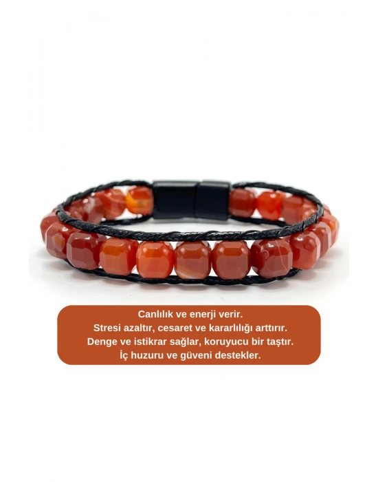 SERTİFİKALI Kırmızı Akik Küp Kesim Kilitli Doğal Taş Bileklik 8 mm