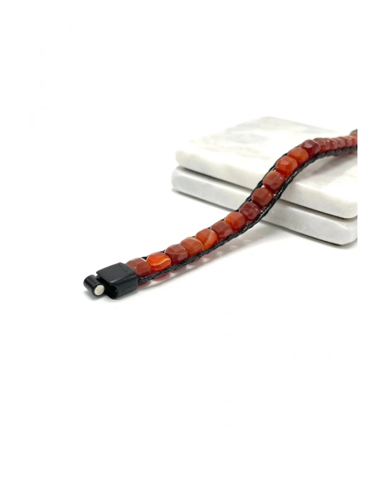 SERTİFİKALI Kırmızı Akik Küp Kesim Kilitli Doğal Taş Bileklik 8 mm