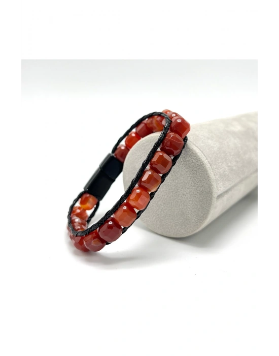 SERTİFİKALI Kırmızı Akik Küp Kesim Kilitli Doğal Taş Bileklik 8 mm