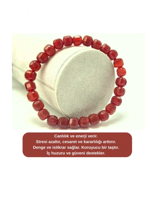 SERTİFİKALI Kırmızı Akik Küp Kesim Lastikli Doğal Taş Bileklik 6mm