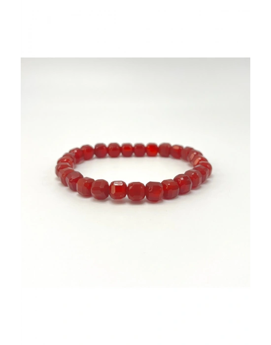 SERTİFİKALI Kırmızı Akik Küp Kesim Lastikli Doğal Taş Bileklik 6mm