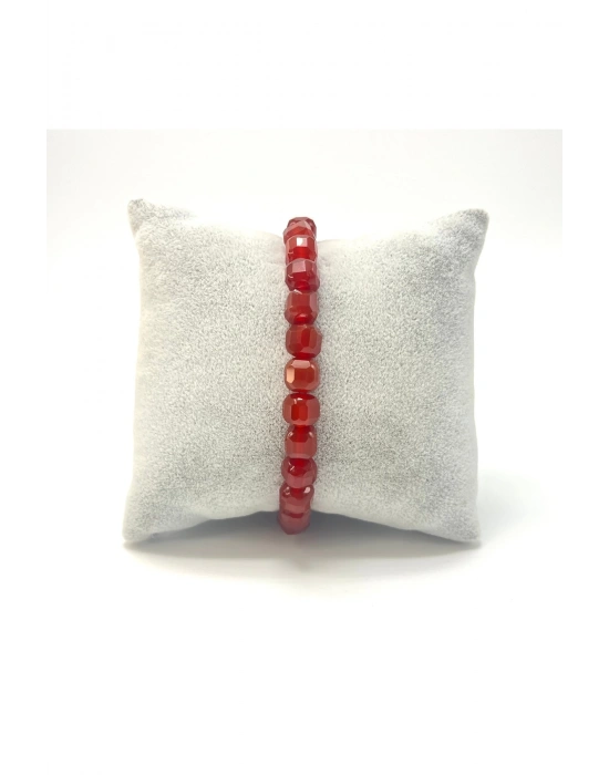 SERTİFİKALI Kırmızı Akik Küp Kesim Lastikli Doğal Taş Bileklik 6mm
