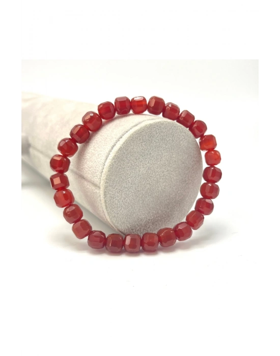 SERTİFİKALI Kırmızı Akik Küp Kesim Lastikli Doğal Taş Bileklik 6mm