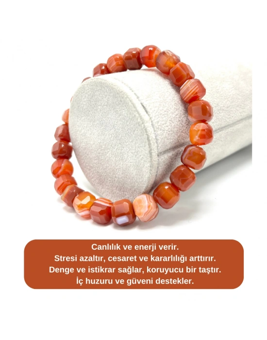 SERTİFİKALI Kırmızı Akik Küp Kesim Lastikli Doğal Taş Bileklik 8 mm