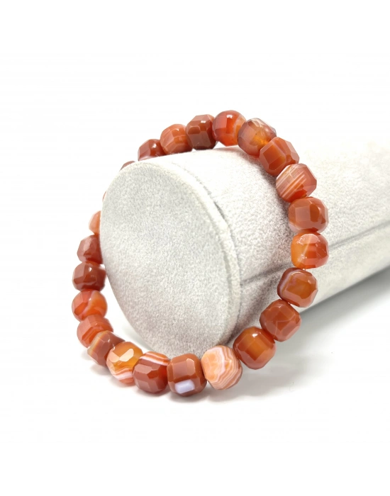 SERTİFİKALI Kırmızı Akik Küp Kesim Lastikli Doğal Taş Bileklik 8 mm