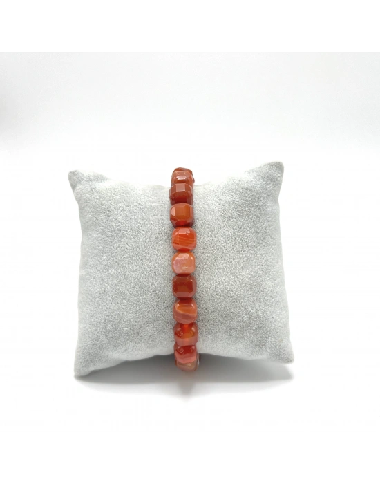 SERTİFİKALI Kırmızı Akik Küp Kesim Lastikli Doğal Taş Bileklik 8 mm