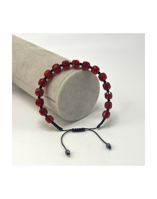 SERTİFİKALI Kırmızı Akik Küp Kesim Makrome Doğal Taş Bileklik 6mm