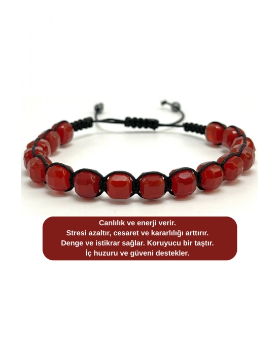 SERTİFİKALI Kırmızı Akik Küp Kesim Makrome Doğal Taş Bileklik 6mm