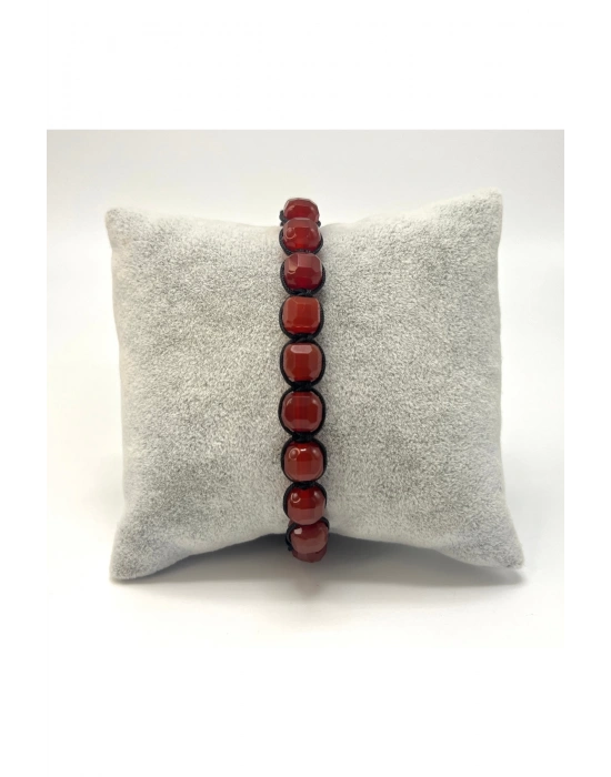 SERTİFİKALI Kırmızı Akik Küp Kesim Makrome Doğal Taş Bileklik 6mm