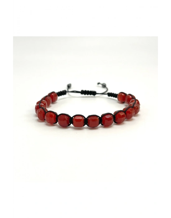 SERTİFİKALI Kırmızı Akik Küp Kesim Makrome Doğal Taş Bileklik 6mm