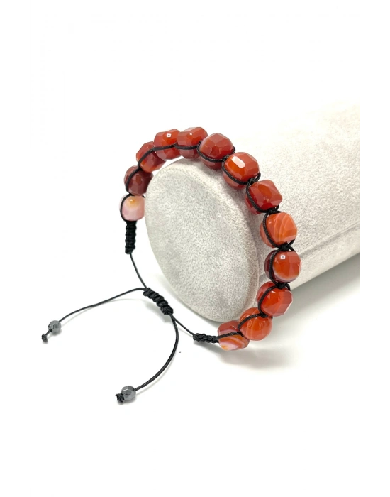 SERTİFİKALI Kırmızı Akik Küp Kesim Makrome Doğal Taş Bileklik 8 mm