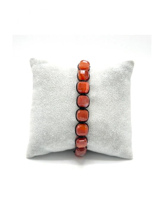 SERTİFİKALI Kırmızı Akik Küp Kesim Makrome Doğal Taş Bileklik 8 mm