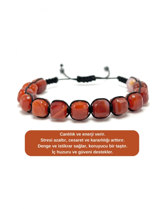 SERTİFİKALI Kırmızı Akik Küp Kesim Makrome Doğal Taş Bileklik 8 mm