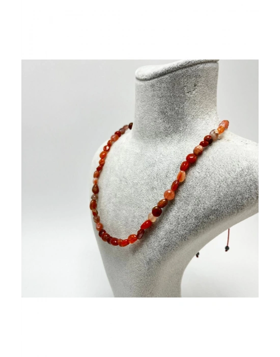 SERTİFİKALI Kırmızı Akik Natural Kesim Makrome Doğal Taş Kolye