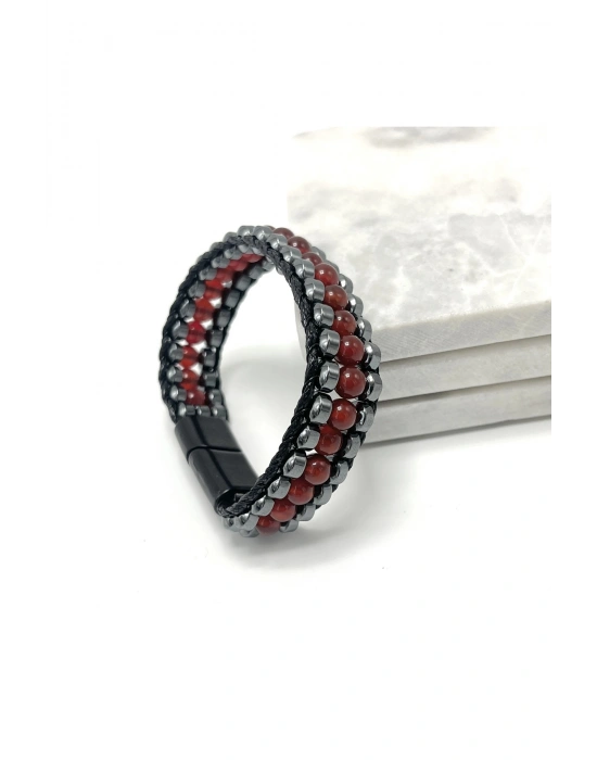 Sertifikalı Kırmızı Akik Taşı Erkek Bileklik – Çelik Kilitli, Doğal Taş Tasarım, Şık ve Özgün