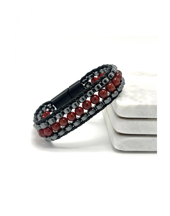 Sertifikalı Kırmızı Akik Taşı Erkek Bileklik – Çelik Kilitli, Doğal Taş Tasarım, Şık ve Özgün