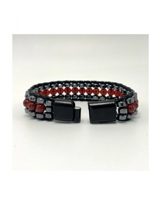 Sertifikalı Kırmızı Akik Taşı Erkek Bileklik – Çelik Kilitli, Doğal Taş Tasarım, Şık ve Özgün