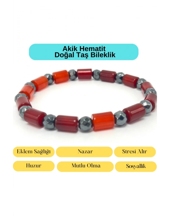 Sertifikalı Kırmızı Akik ve Hematit Doğal Taş Misinalı Bileklik