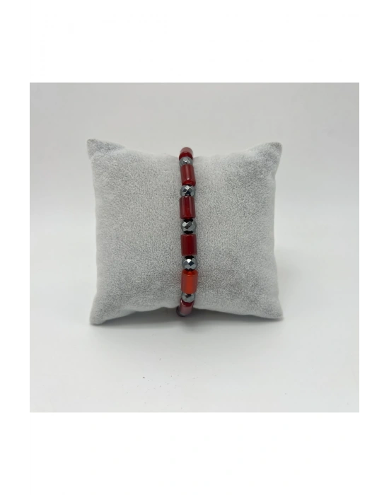 Sertifikalı Kırmızı Akik ve Hematit Doğal Taş Misinalı Bileklik