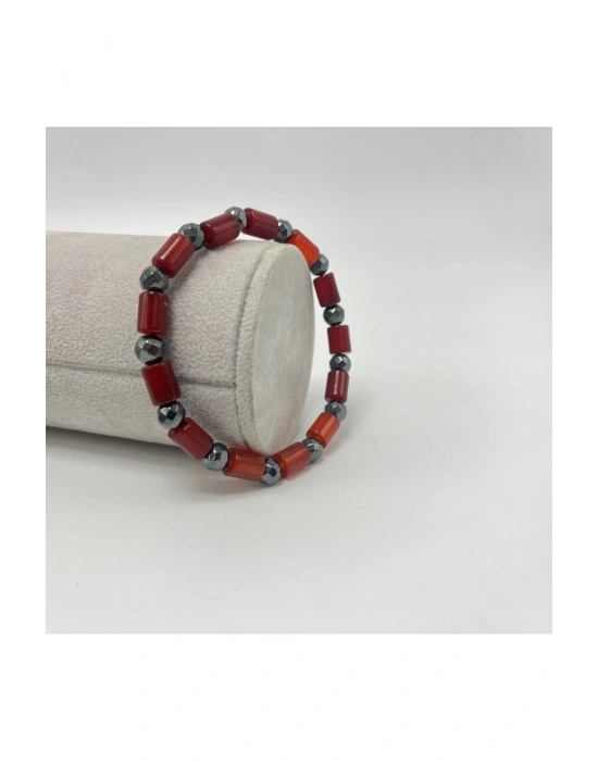 Sertifikalı Kırmızı Akik ve Hematit Doğal Taş Misinalı Bileklik