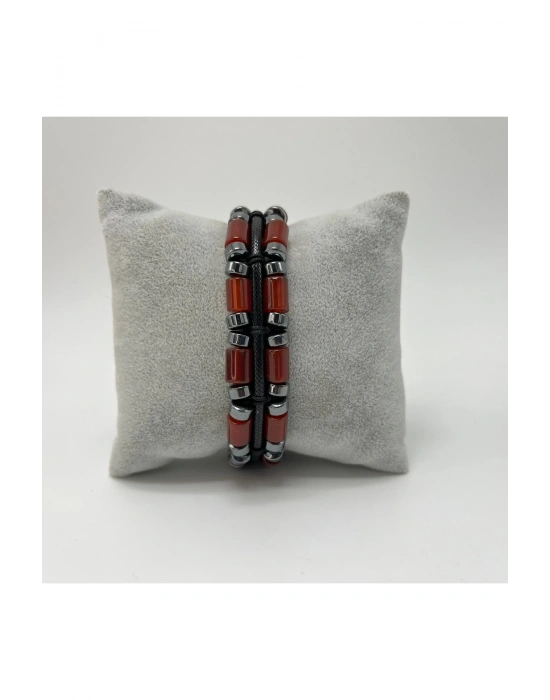 Sertifikalı Kırmızı Akik ve Hematit Makrome Doğal Taş Deri Erkek Bileklik