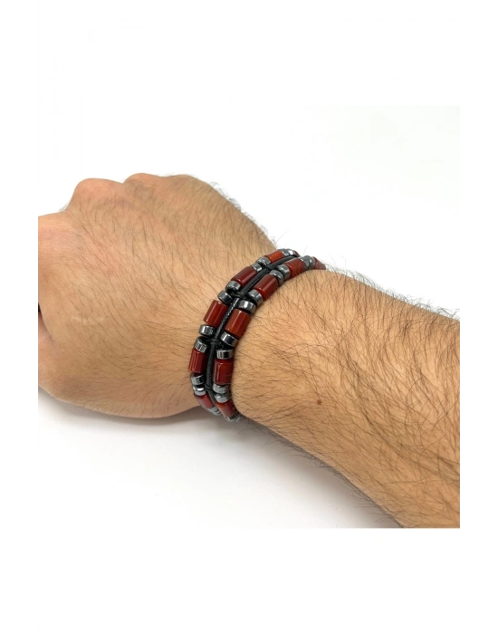 Sertifikalı Kırmızı Akik ve Hematit Makrome Doğal Taş Deri Erkek Bileklik