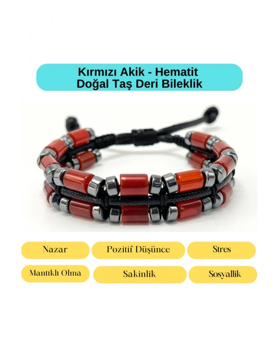 Sertifikalı Kırmızı Akik ve Hematit Makrome Doğal Taş Deri Erkek Bileklik