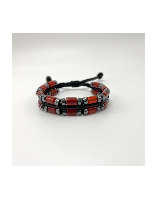 Sertifikalı Kırmızı Akik ve Hematit Makrome Doğal Taş Deri Erkek Bileklik