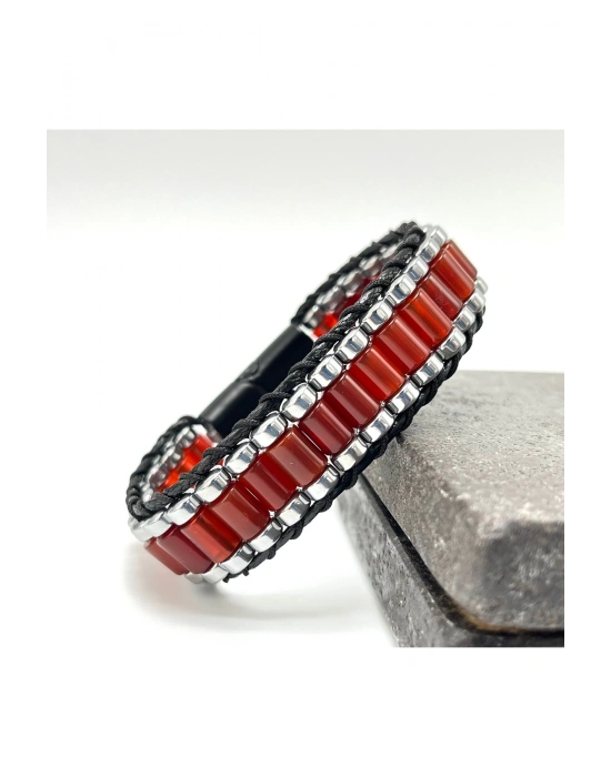 Sertifikalı Kırmızı Akik ve Hematit Silindir Kesim Kilitli Doğal Taş Deri Erkek Bileklik