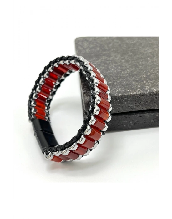 Sertifikalı Kırmızı Akik ve Hematit Silindir Kesim Kilitli Doğal Taş Deri Erkek Bileklik