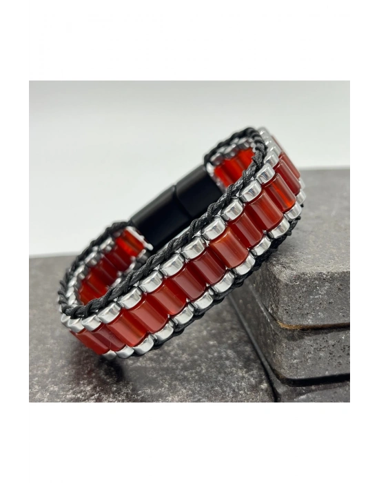 Sertifikalı Kırmızı Akik ve Hematit Silindir Kesim Kilitli Doğal Taş Deri Erkek Bileklik