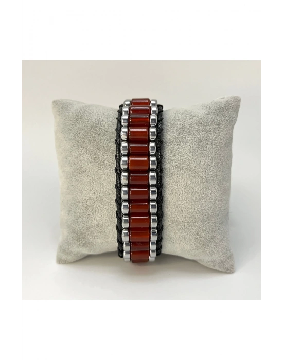 Sertifikalı Kırmızı Akik ve Hematit Silindir Kesim Kilitli Doğal Taş Deri Erkek Bileklik