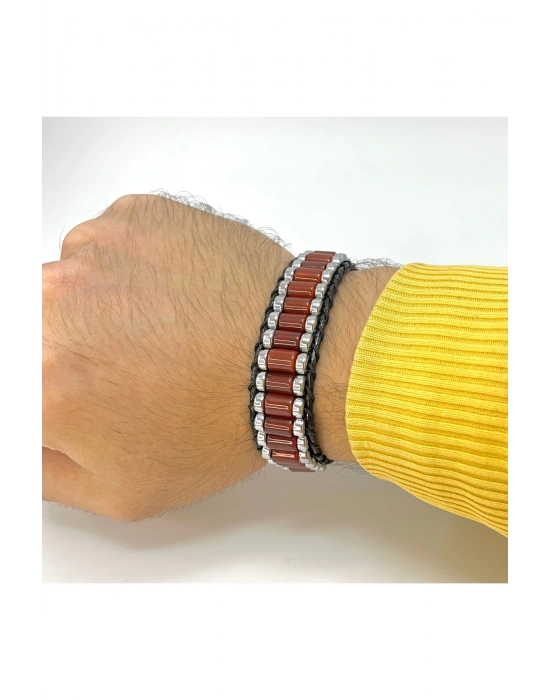 Sertifikalı Kırmızı Akik ve Hematit Silindir Kesim Kilitli Doğal Taş Deri Erkek Bileklik