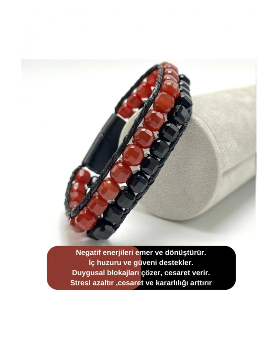 SERTİFİKALI Kırmızı Akik ve Obsidyen Çift Sıra Küp Kesim Kilitli Doğal Taş Bileklik 6mm Taş
