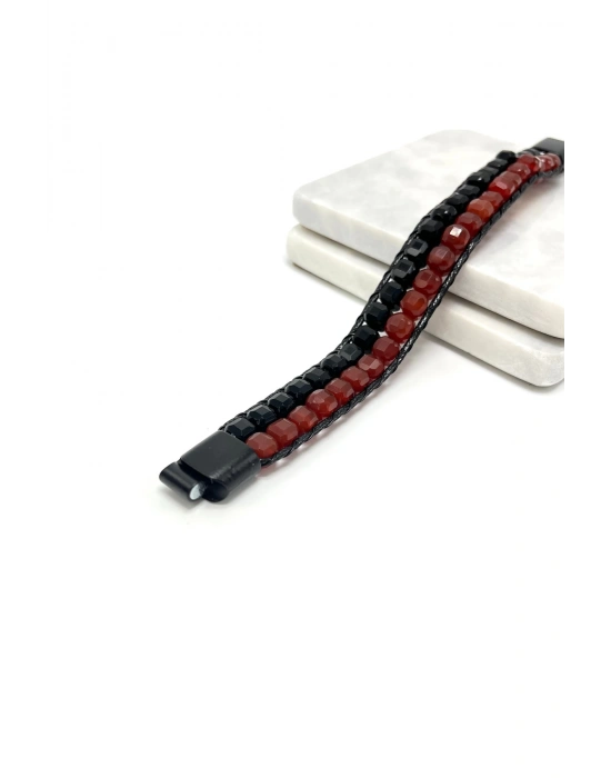 SERTİFİKALI Kırmızı Akik ve Obsidyen Çift Sıra Küp Kesim Kilitli Doğal Taş Bileklik 6mm Taş