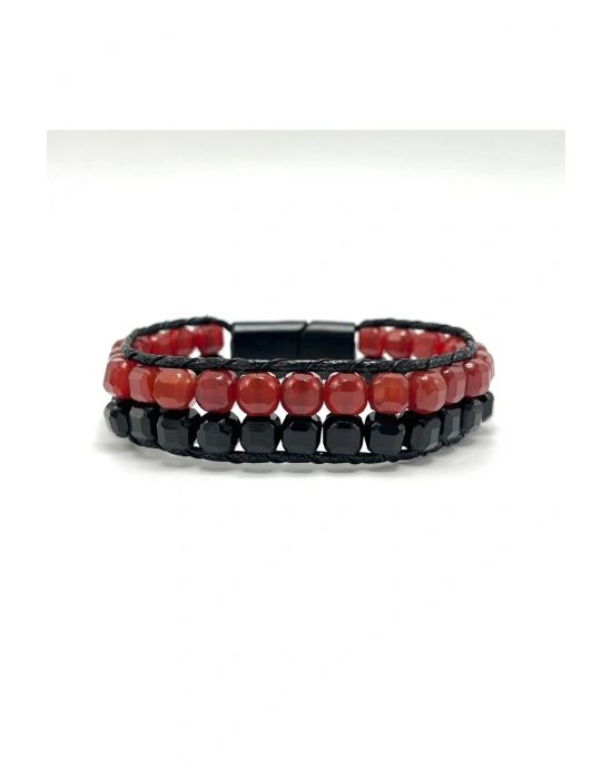 SERTİFİKALI Kırmızı Akik ve Obsidyen Çift Sıra Küp Kesim Kilitli Doğal Taş Bileklik 6mm Taş