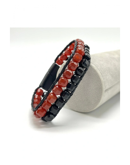 SERTİFİKALI Kırmızı Akik ve Obsidyen Çift Sıra Küp Kesim Kilitli Doğal Taş Bileklik 6mm Taş