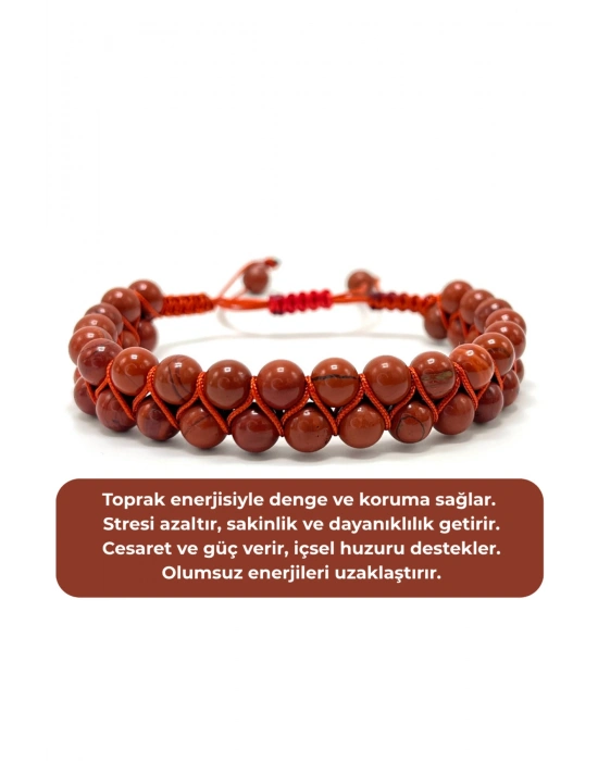 SERTİFİKALI Kırmızı Jasper Çift Sıra Doğal Taş Makrome Bileklik Ayarlanabilir Ölçü